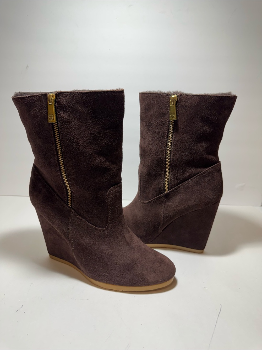 Coach Danee Brown Suede Mid-Calf Wedge Faux Fur Lined Boots Bootie Size  8.5